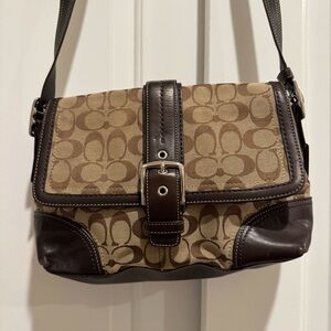 COACH Hampton Signature jacquard & leather flap handbag purse - brown